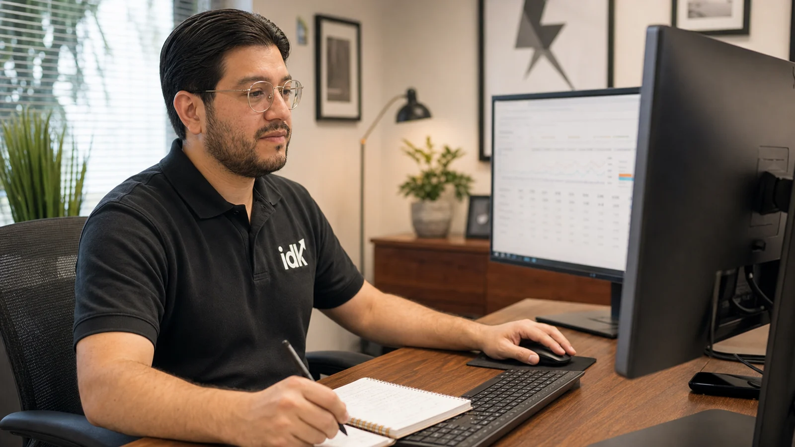 Adrian Castillo reviewing campaign and pipeline data at his desk in the IDK Strategies office