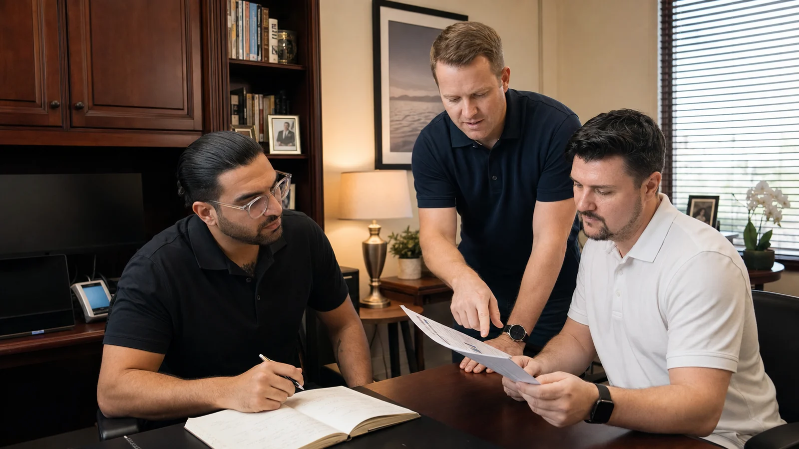 Vincent Bocassi, Jordon Wallen, and Sean Meigh reviewing strategy in the IDK Strategies office